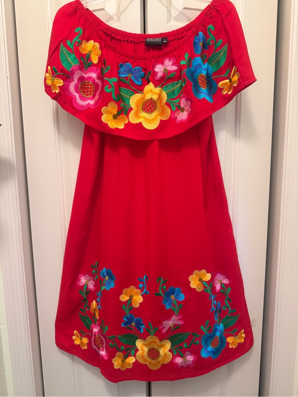Mexican Embroidered Off-Shoulder Red Casual Dress